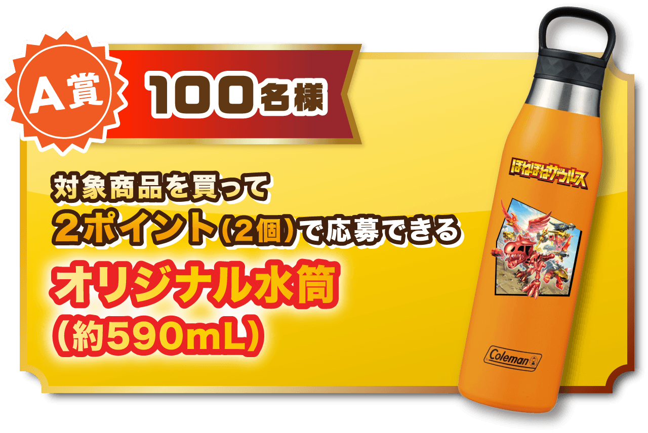 A賞 100名様 対象商品を買って2ポイント（2個）で応募できる オリジナル水筒（約590mL）