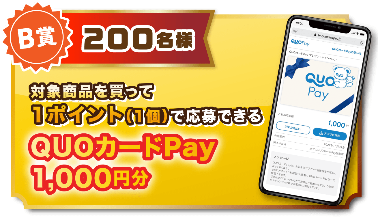 B賞 200名様 対象商品を買って1ポイント（1個）で応募できる QUOカードPay 1,000円分
